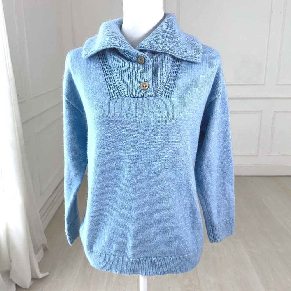 Talbots Polo Collar Sweater Women Large Blue Button Neck Cotton Blend Pullover